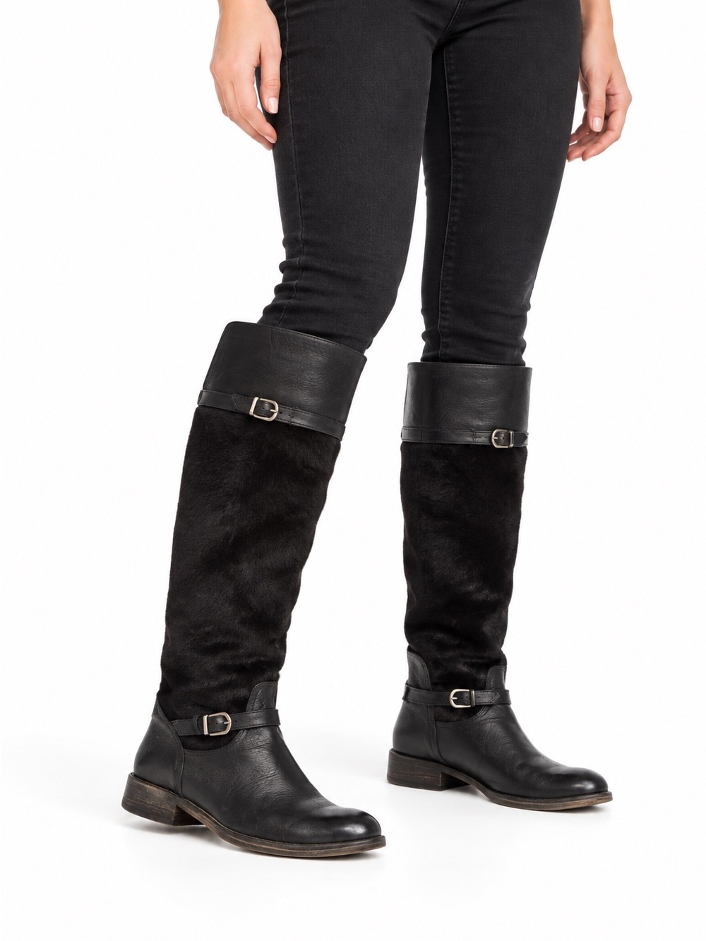 Frye Shirley Tall Riding Boots Black Leather Pony Hair Buckle Women’s Size 5.5